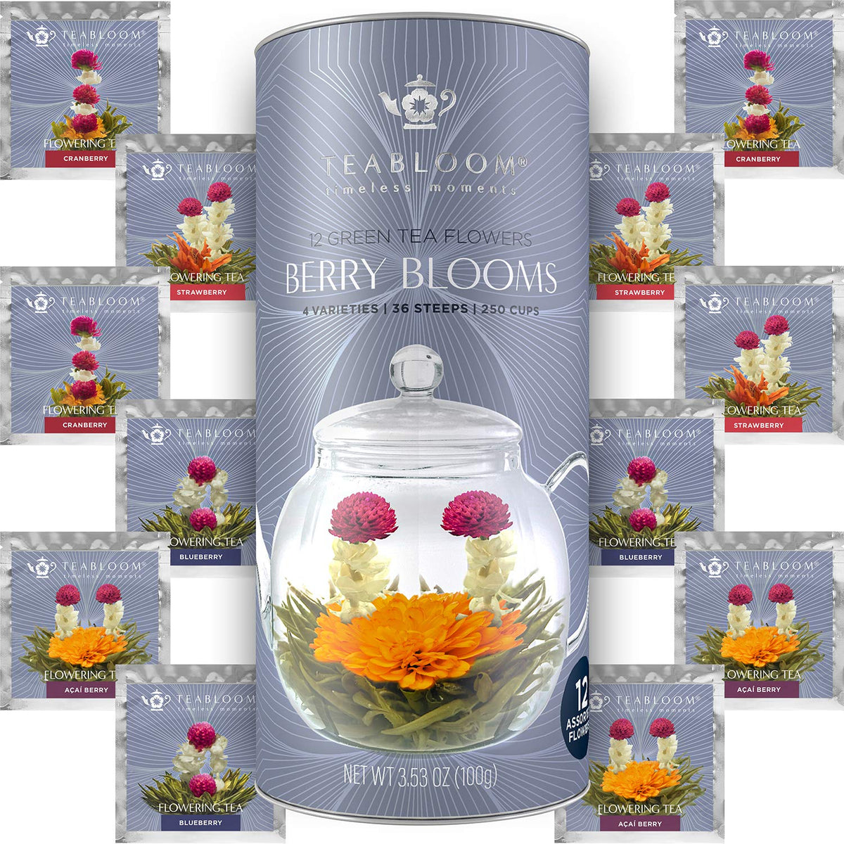Teabloom holiday flowering tea cup bloom with edible flowers and berry notes.