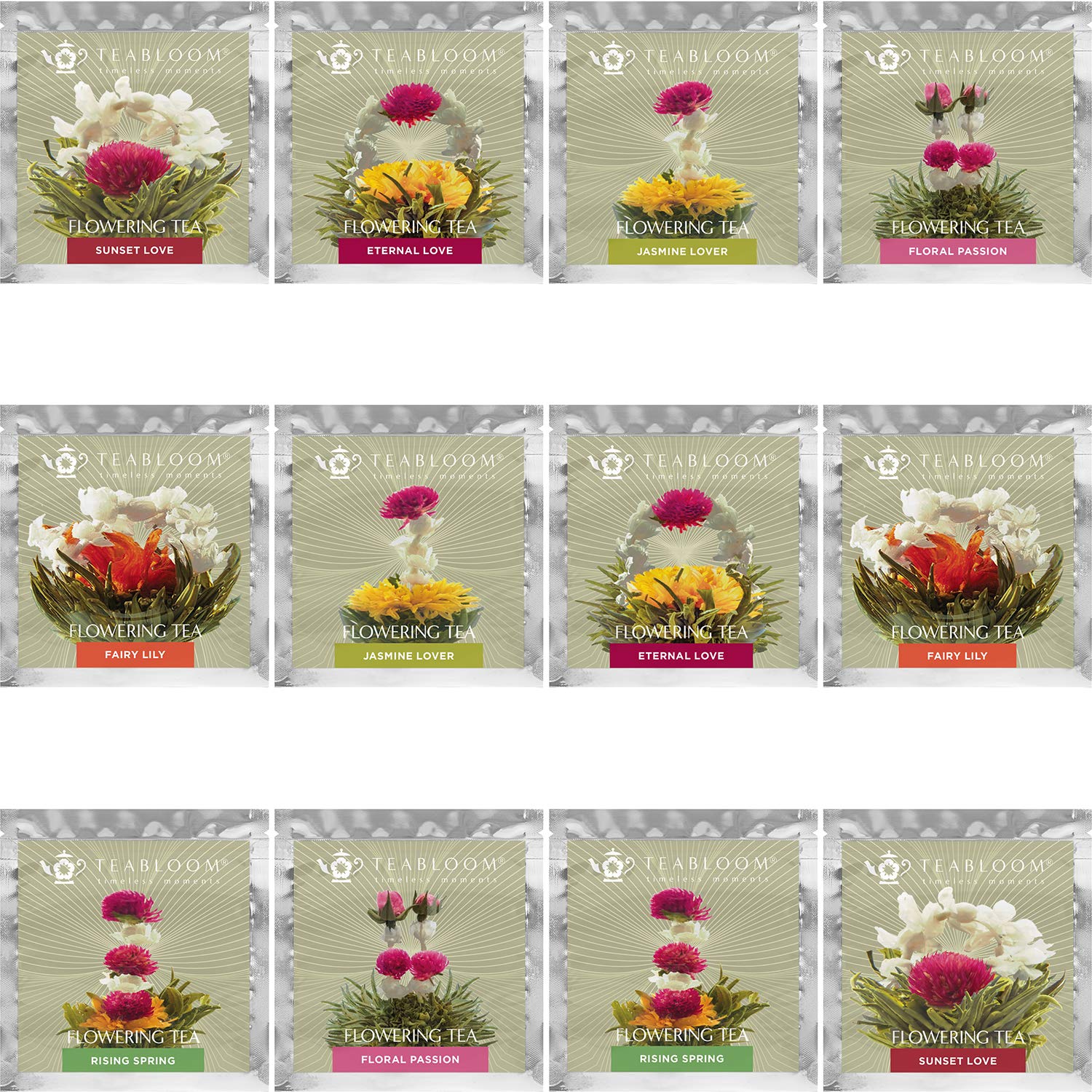 Teabloom jasmine flowering tea in a glass teapot with blooming bouquet.