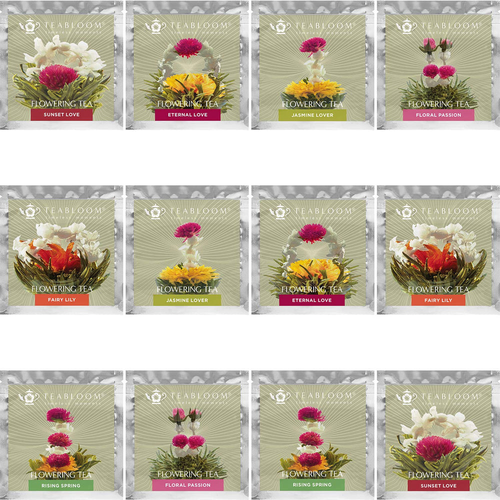 Teabloom jasmine flowering tea in a glass teapot with blooming bouquet.