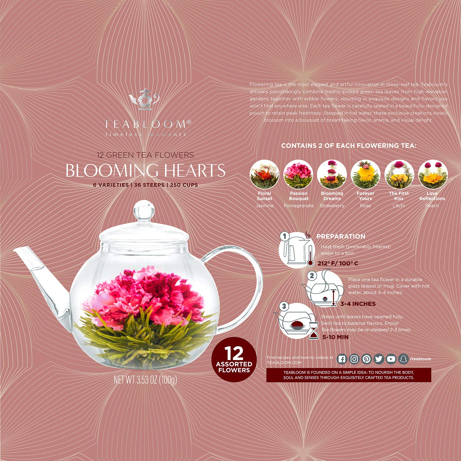 Teabloom pomegranate bloom tea offers vibrant color and fruity aroma.