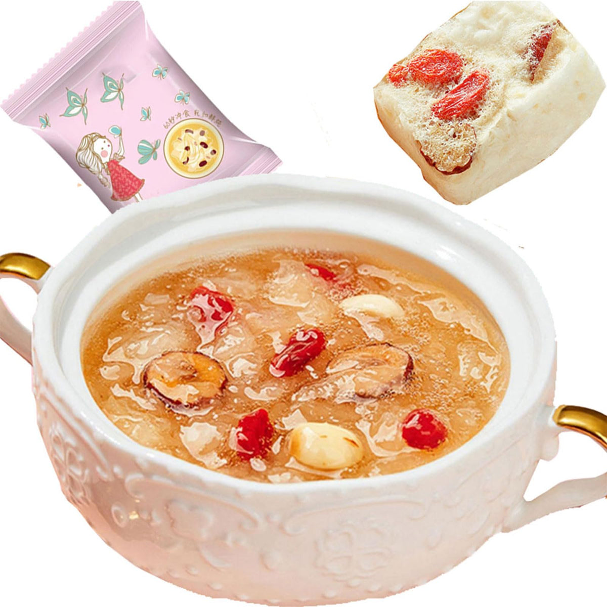 Teaerpklae white fungus red dates cinnamon soup pack showing convenient packaging for quick meals.