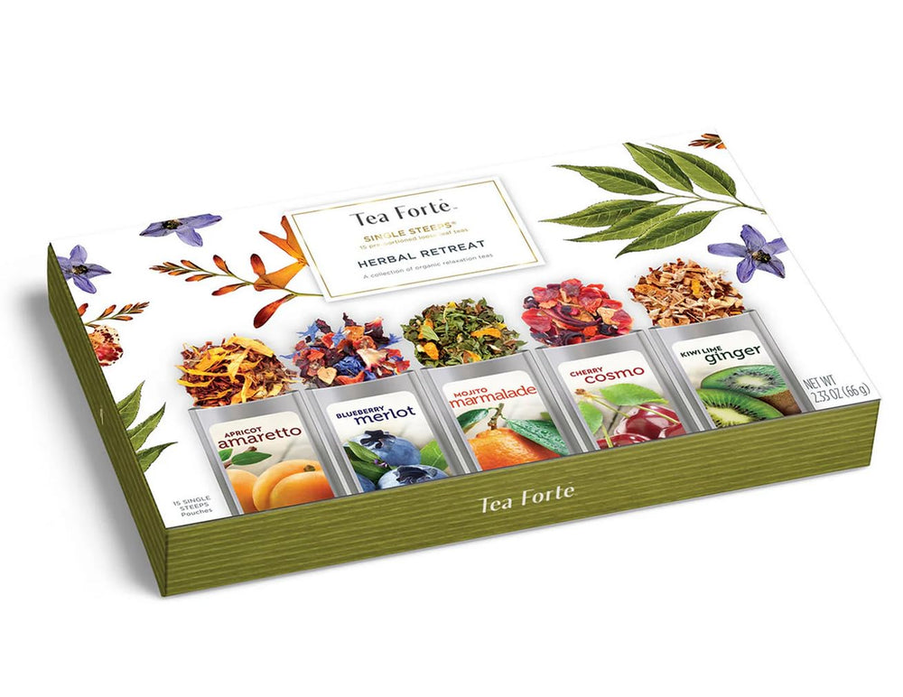 Tea Forte herbal tea cups setup inviting ritual and comforting aromas.