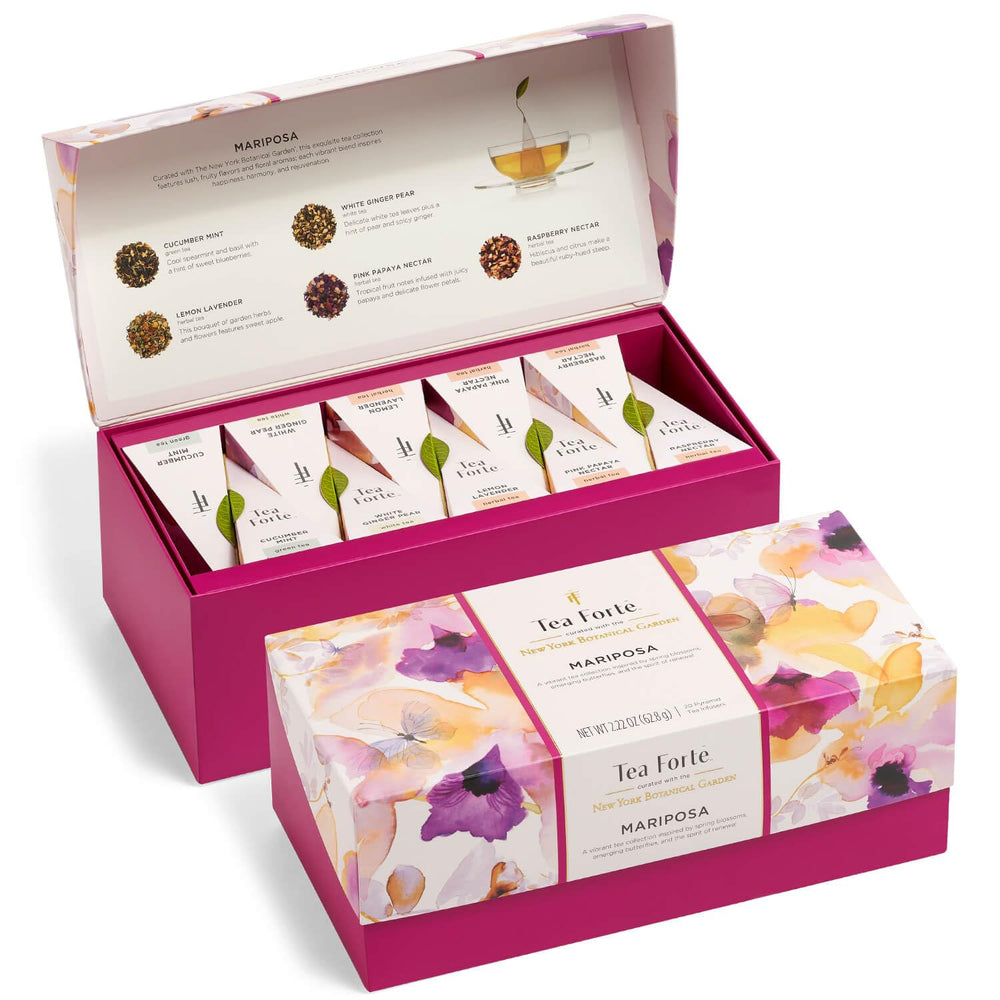 Tea Forte Mariposa box front showing elegant gift presentation for a refined tea lover.