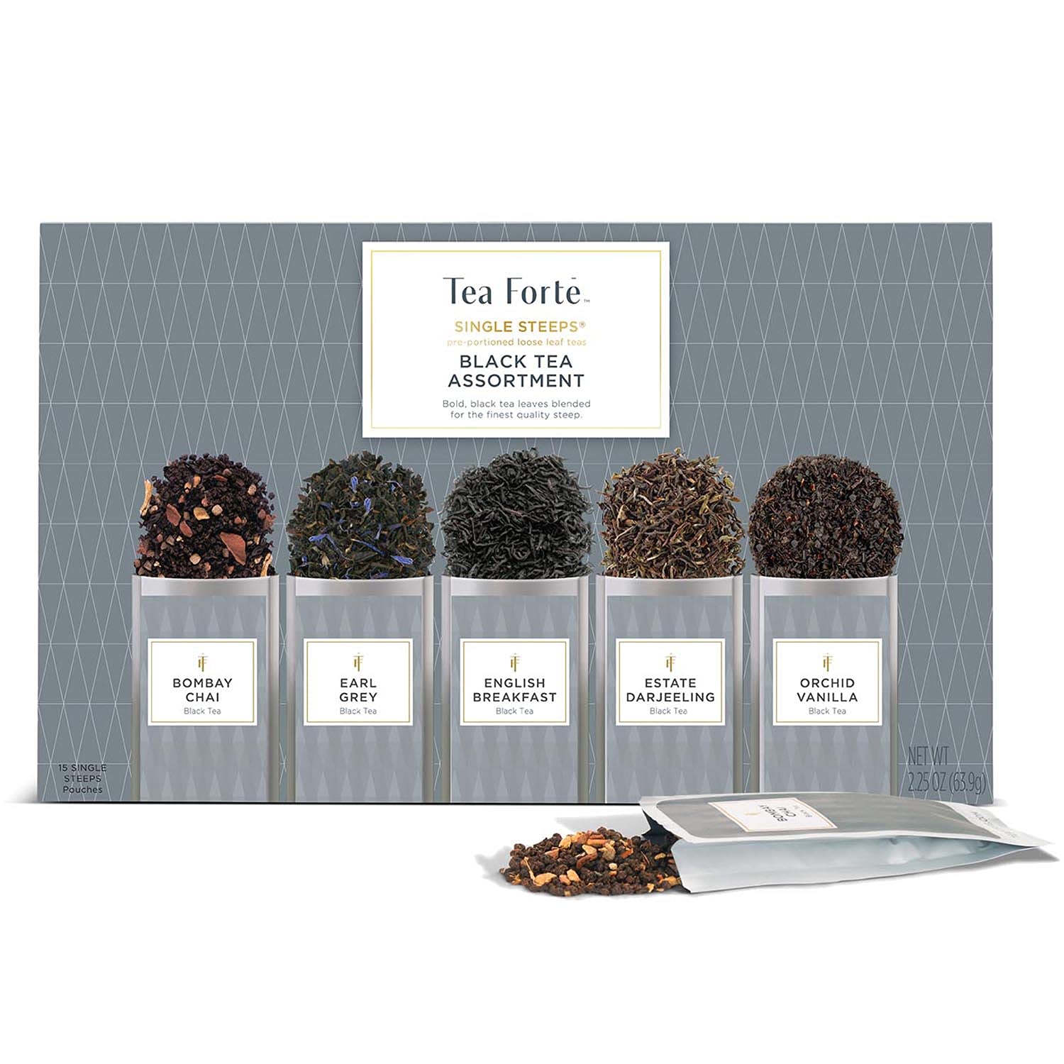 Tea Forte single steeps sampler box with five flavors for variety