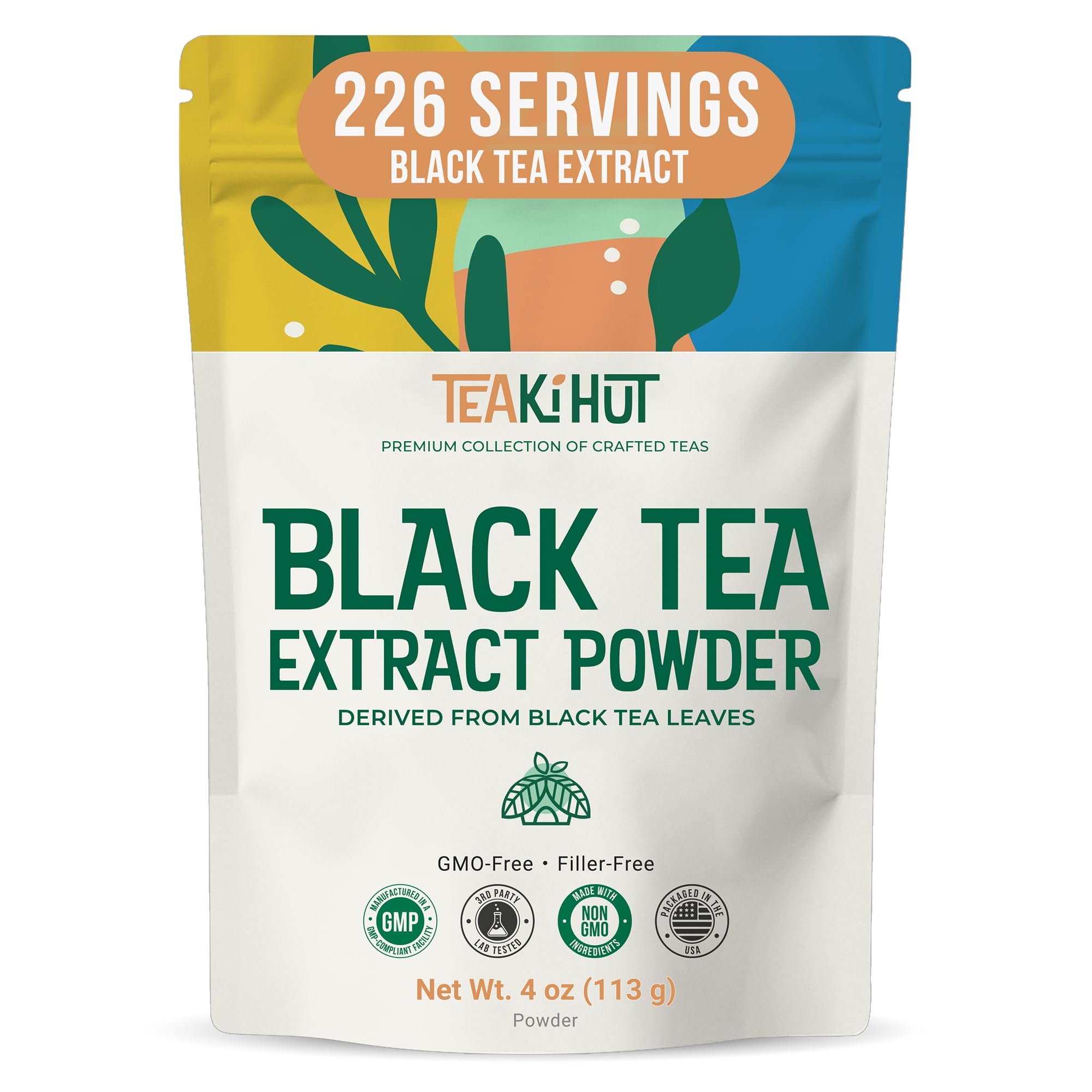 TEAki Hut instant black tea extract powder bottle poured for hot tea, quick unsweetened brew.