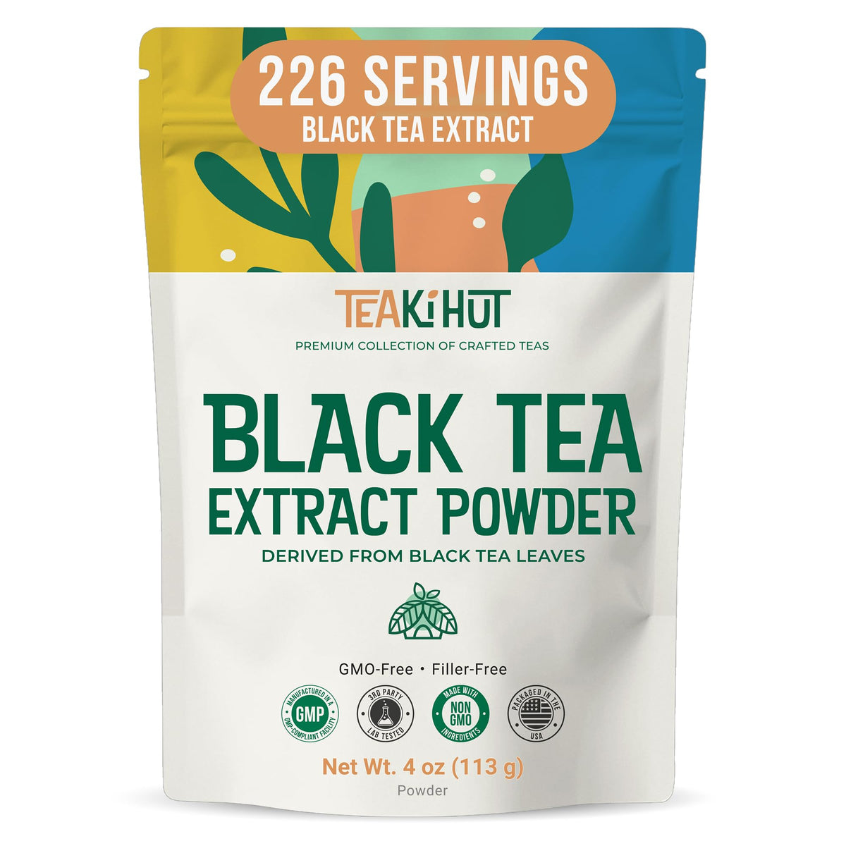 TEAki Hut instant black tea extract powder bottle poured for hot tea, quick unsweetened brew.