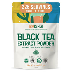 TEAki Hut instant black tea extract powder bottle poured for hot tea, quick unsweetened brew.