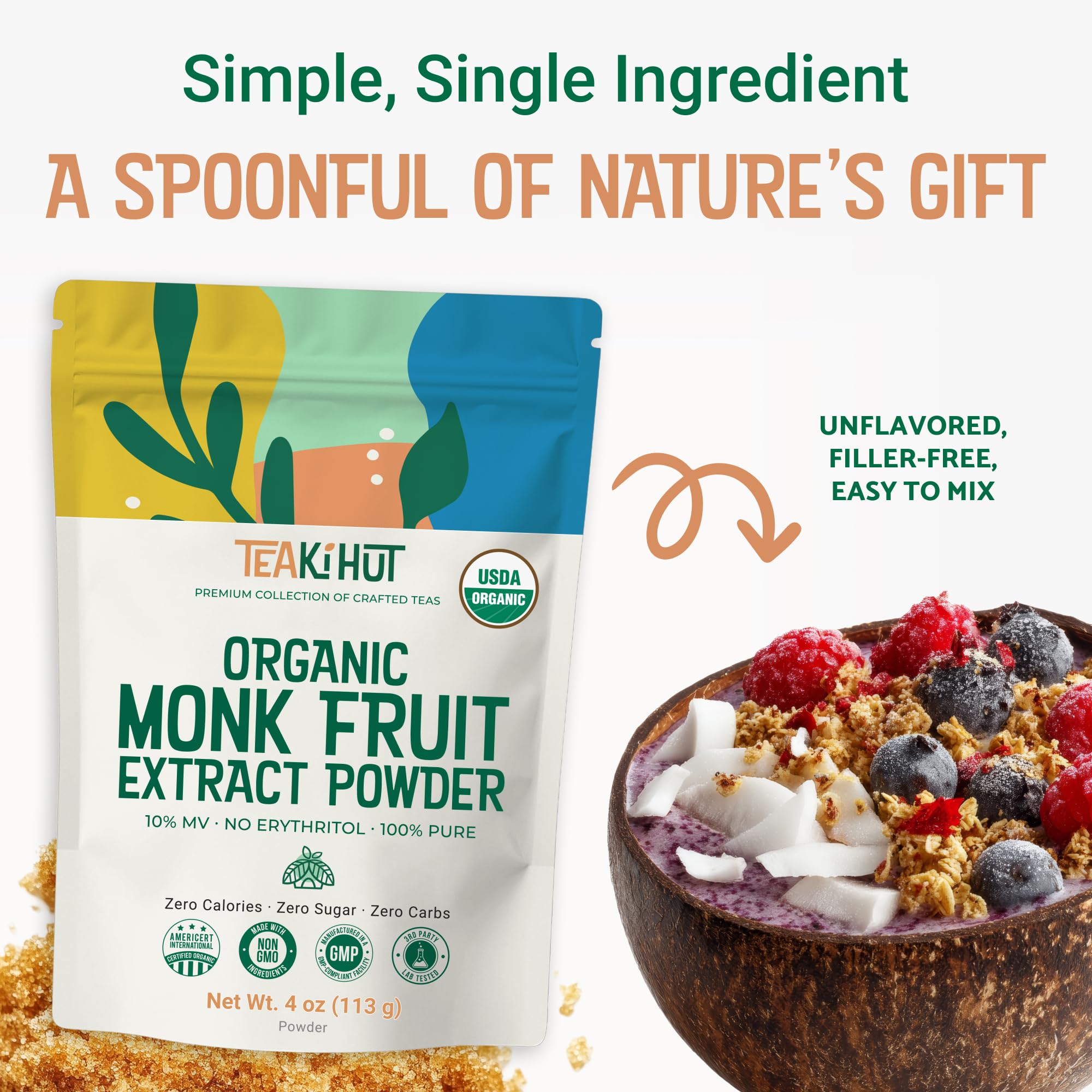 TEAki Hut Monk Fruit powder in measuring bowl for recipes