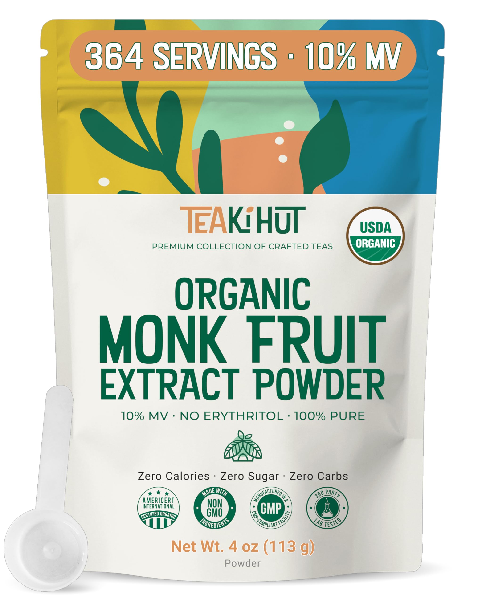 TEAki Hut Pure Monk Fruit Extract Powder bottle showing zero calories in everyday beverages