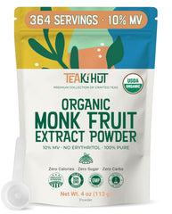 TEAki Hut Pure Monk Fruit Extract Powder bottle showing zero calories in everyday beverages