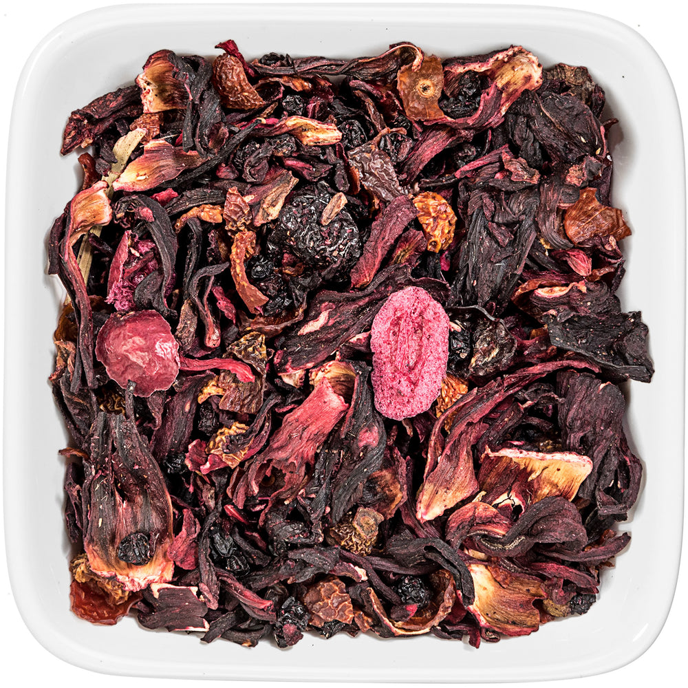 Tealyra Cherry Goddess fruit-rich infusions in a steaming cup for tasting.