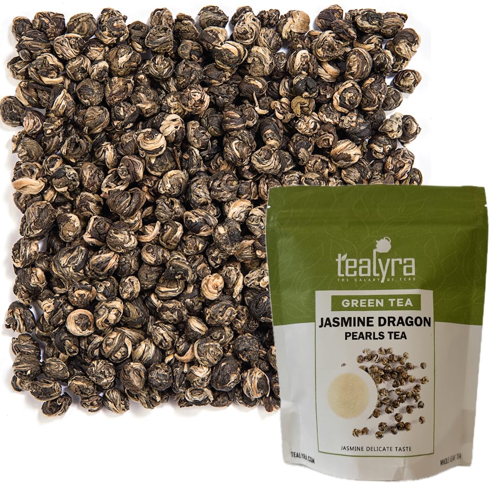 Tealyra Imperial Jasmine Dragon Pearls leaves close-up with fragrant jasmine aroma.