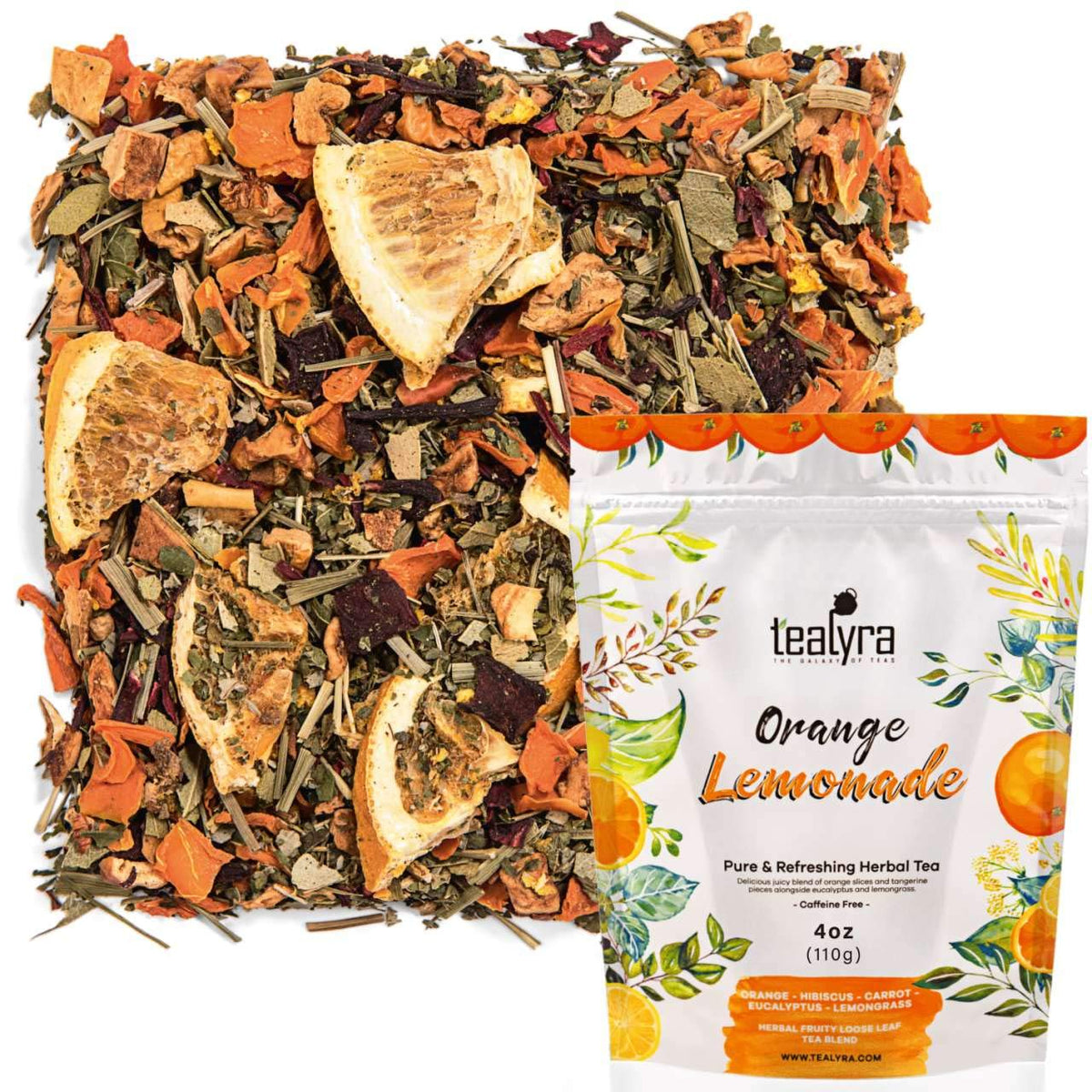 Tealyra Orange Lemonade hibiscus tea loose leaf with orange slices, refreshing caffeine-free option.