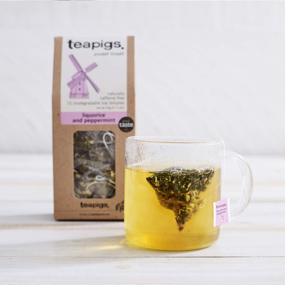 teapigs aroma peppermint liquorice tea, highlighting fragrant mint and sweet undertones.