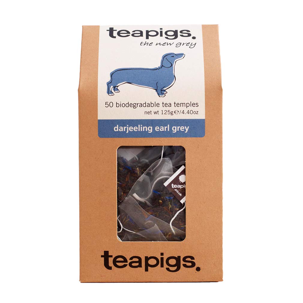Teapigs Darjeeling Earl Grey packaging showing 50 tea temples for bold, convenient brewing.
