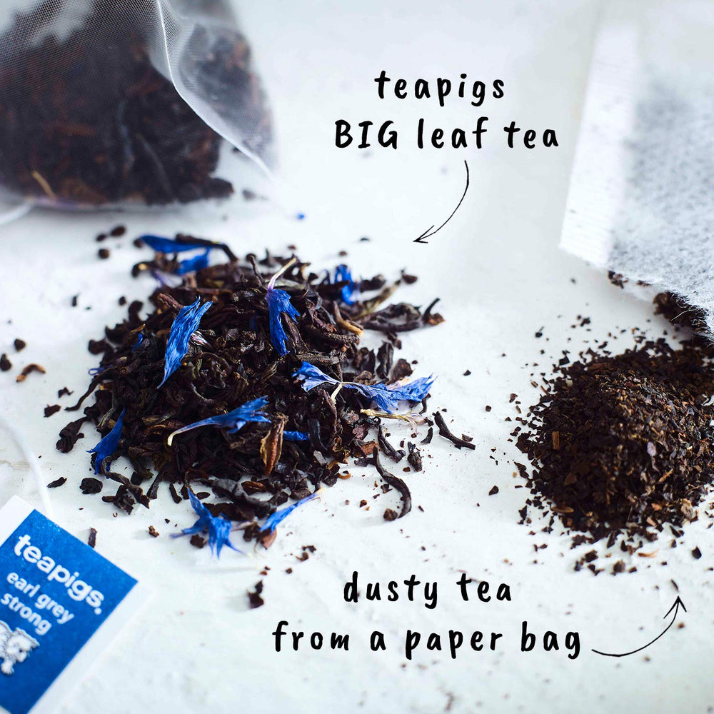 Close-up of Teapigs Earl Grey Strong whole leaves highlighting premium quality.