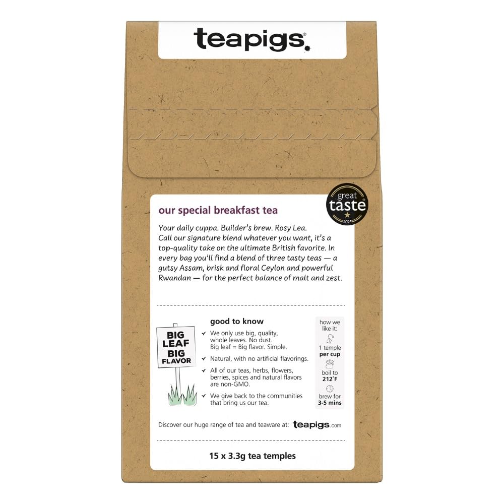 Box of Teapigs English Breakfast on the kitchen shelf, ready for daily versatility.