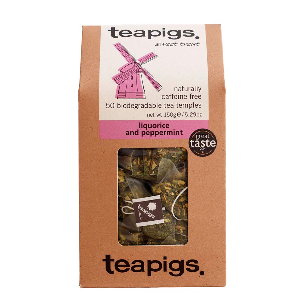 teapigs liquorice peppermint tea bags, 50-count, offer caffeine-free flavor and soothing aroma.