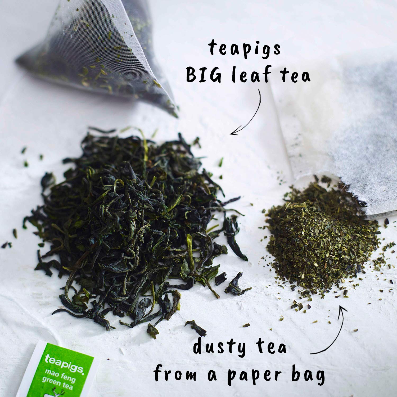 Teapigs Mao Feng packaging box highlighting eco-friendly bags