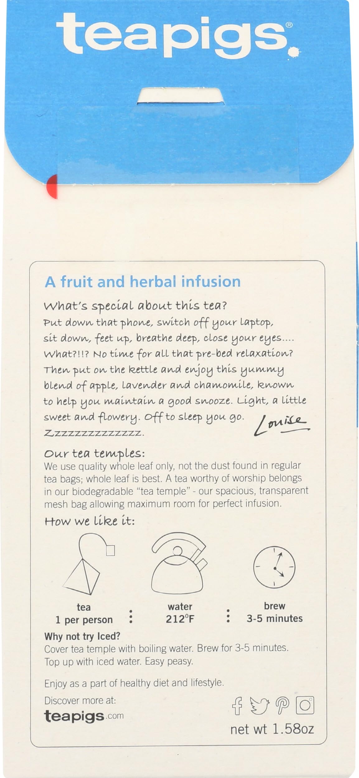 Biodegradable Teapigs Snooze tea bag highlighting eco-friendly packaging