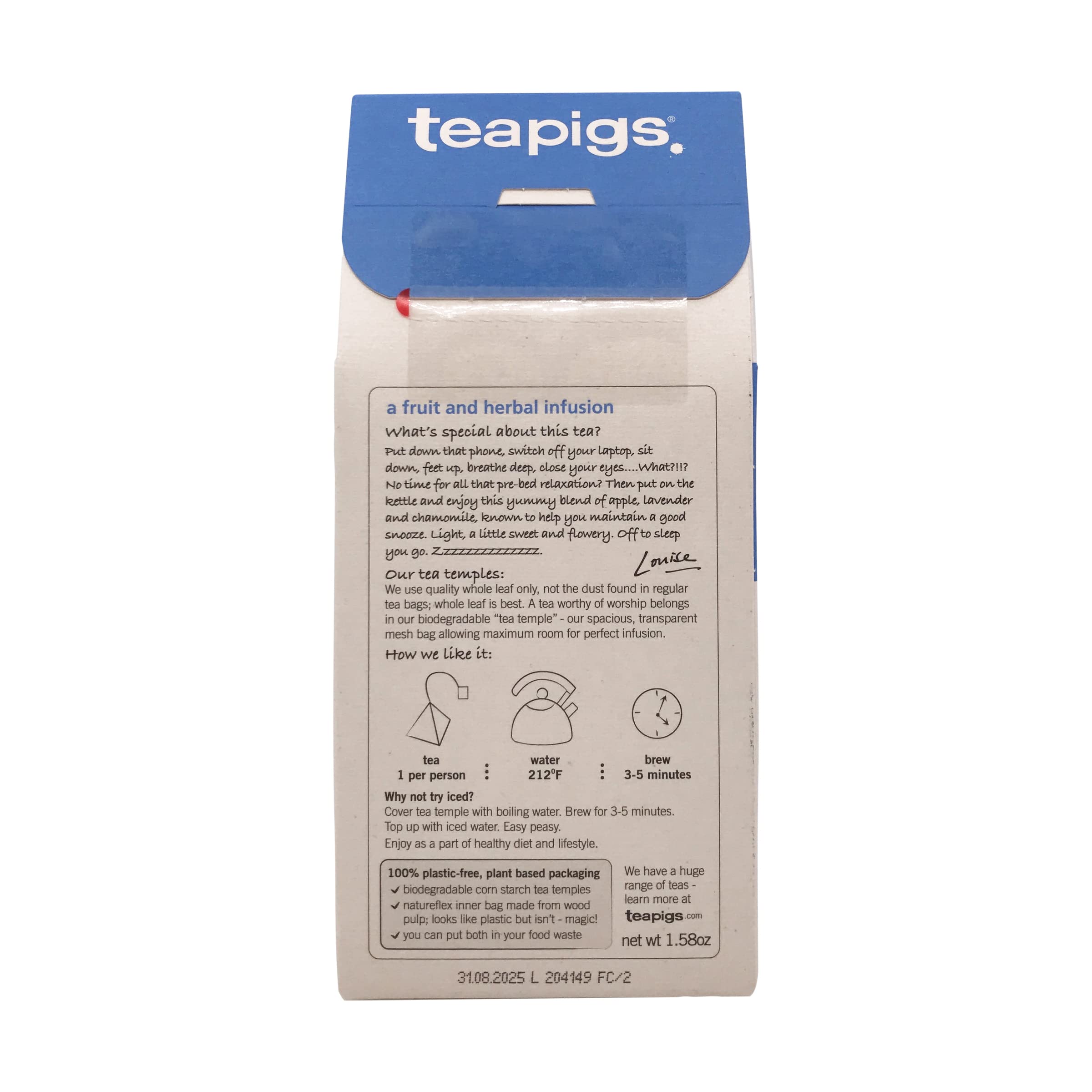 Plant-based packaging detail for Teapigs Organic Snooze