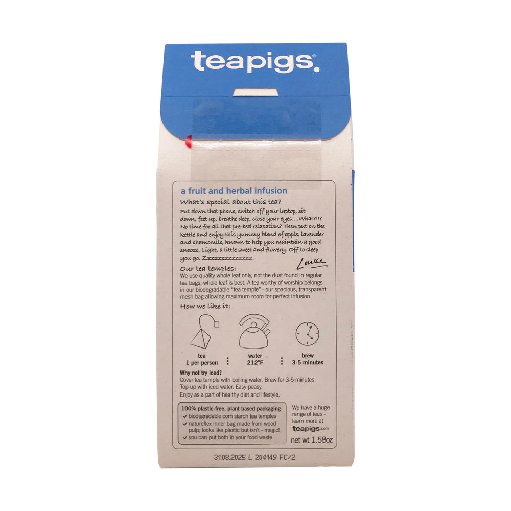 Plant-based packaging detail for Teapigs Organic Snooze