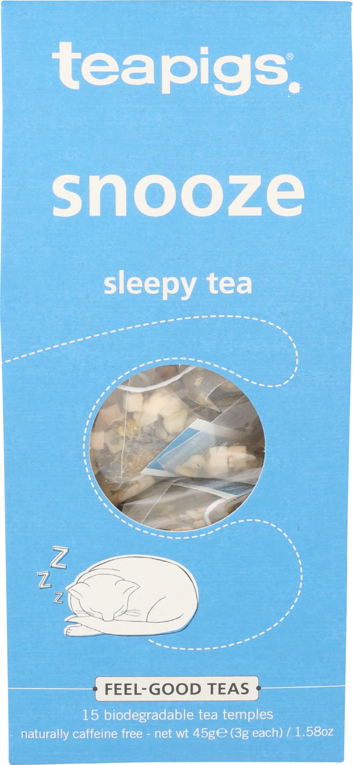 Teapigs Organic Snooze tea bag close-up showing whole herbs and fruits for a calming sip