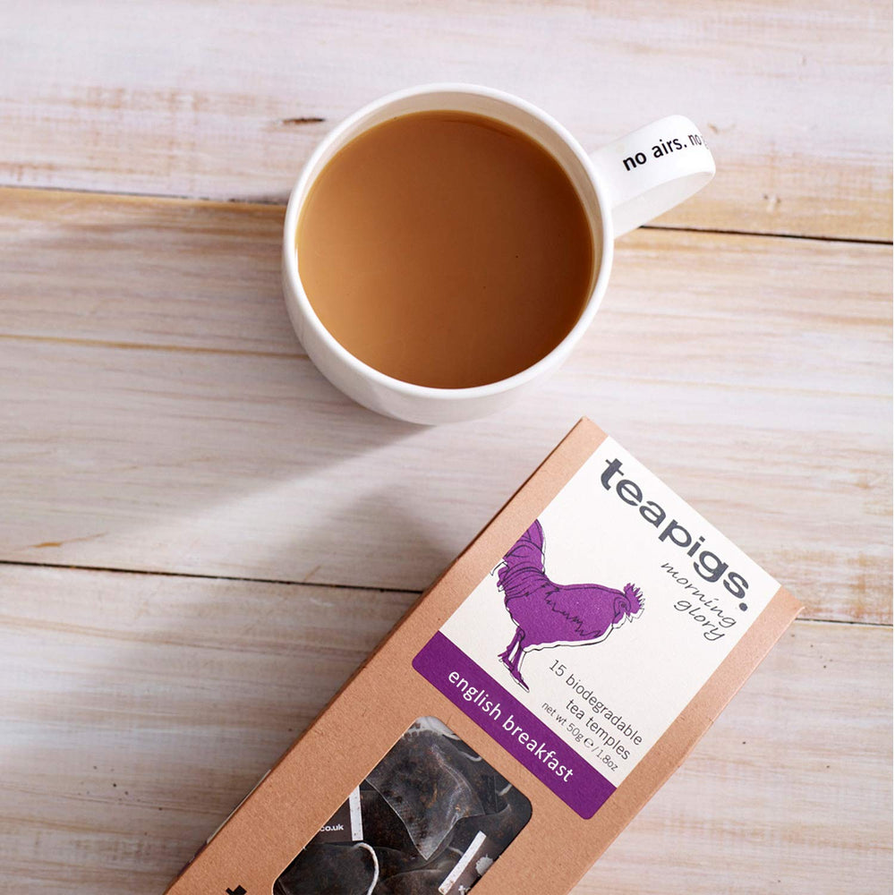 teapigs steeping tea in cup highlighting robust English breakfast flavor