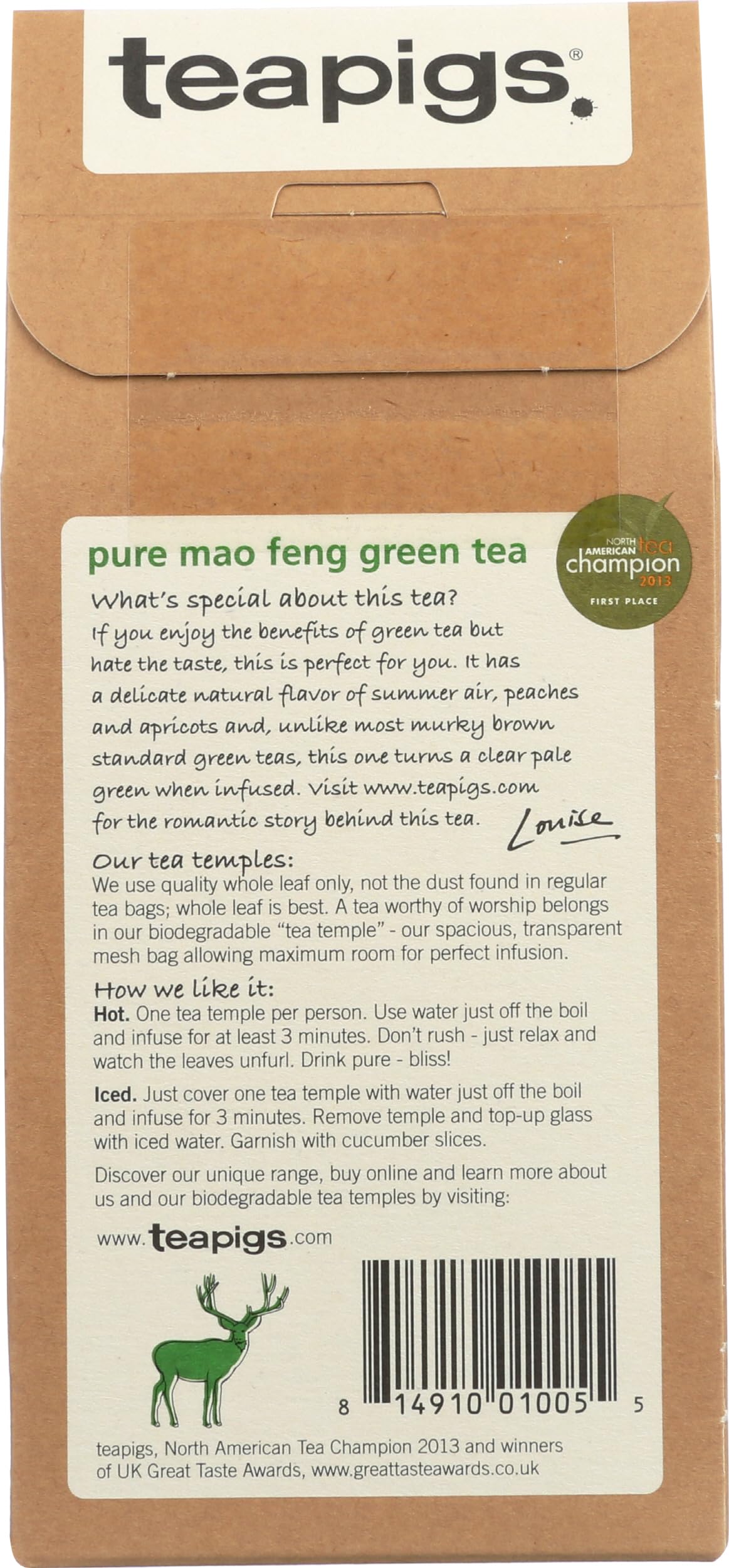 teapigs Tea Green Mao Feng cup brew reveals a pale green infusion.