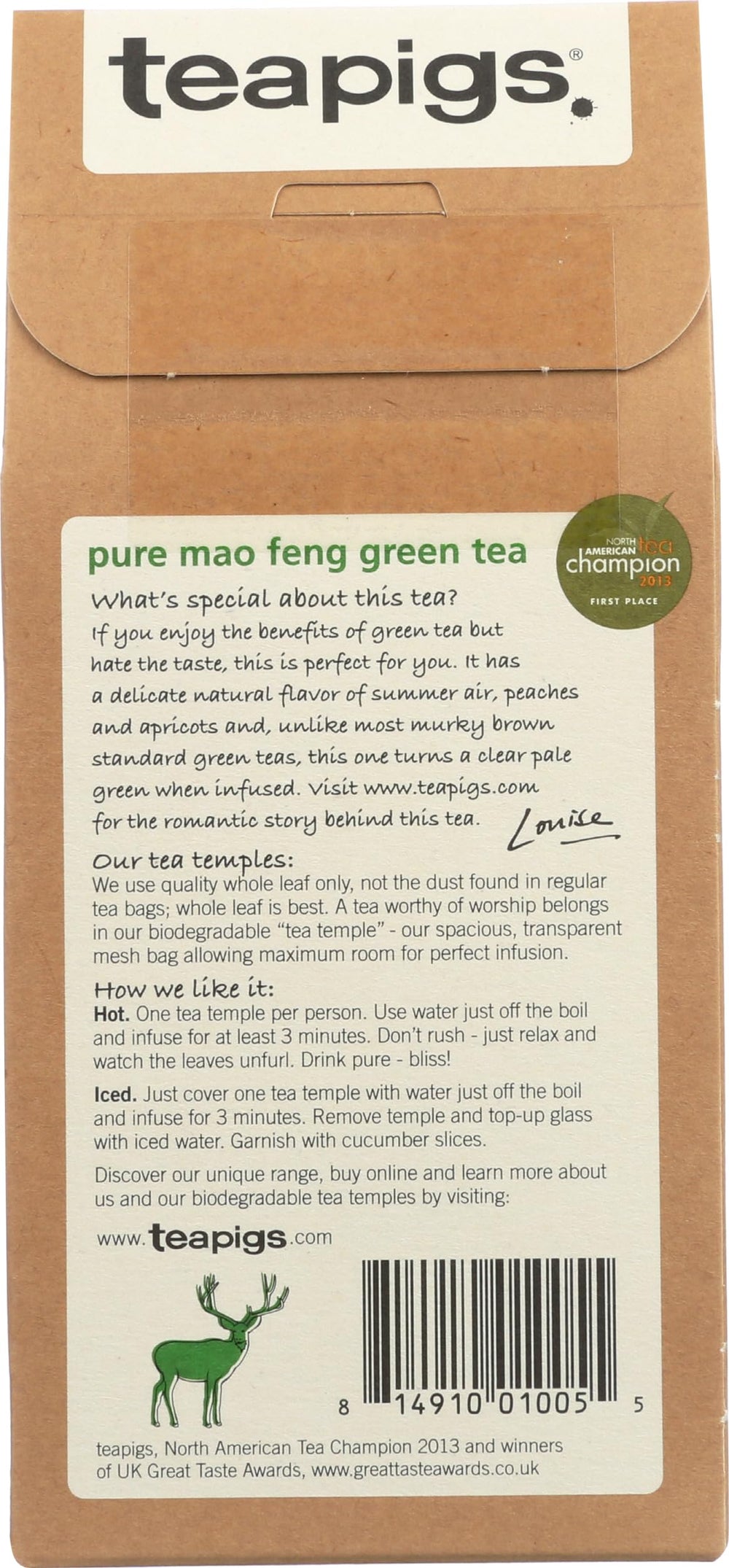 teapigs Tea Green Mao Feng cup brew reveals a pale green infusion.