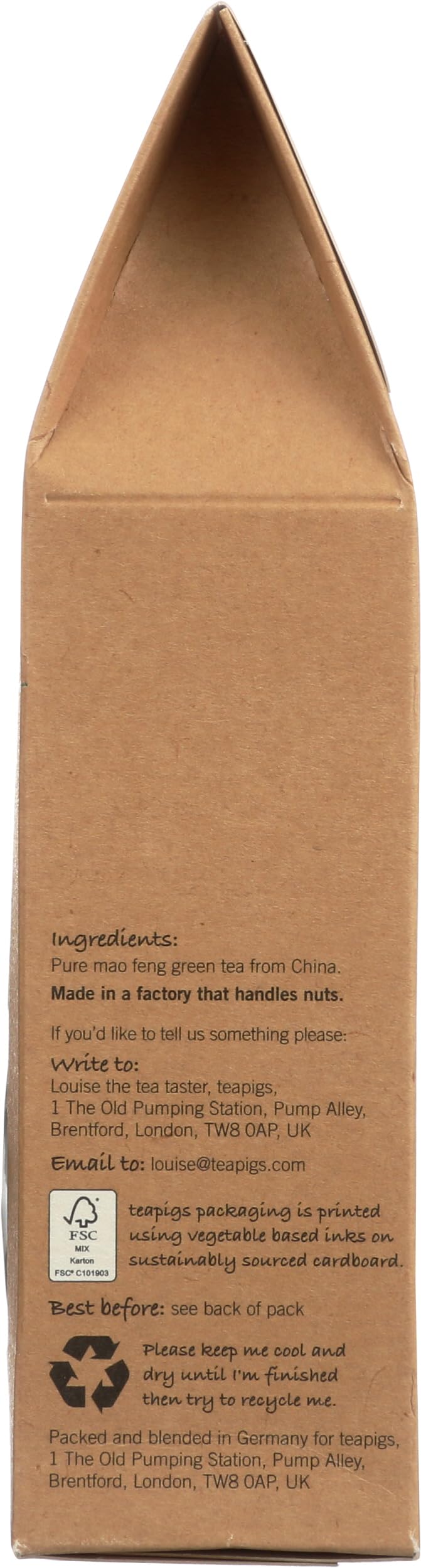 teapigs Tea Green Mao Feng packaging emphasizing German origin and quality.