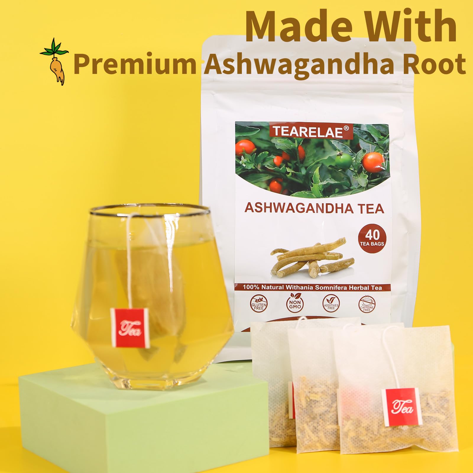 Closeup of TEARELAE ashwagandha tea bag with dried root visible