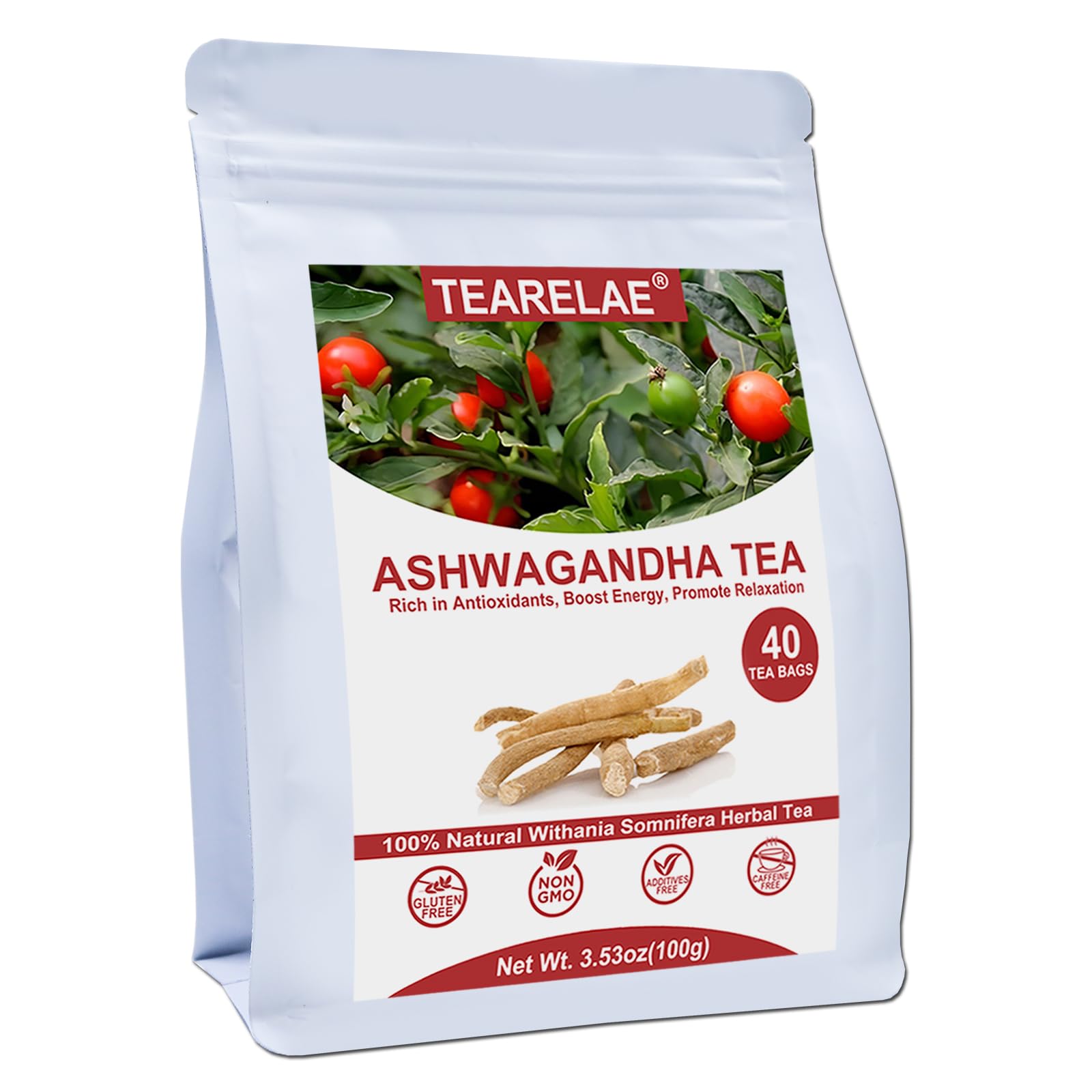 TEARELAE Ashwagandha tea bags pack showing premium Indian ginseng for a soothing cup