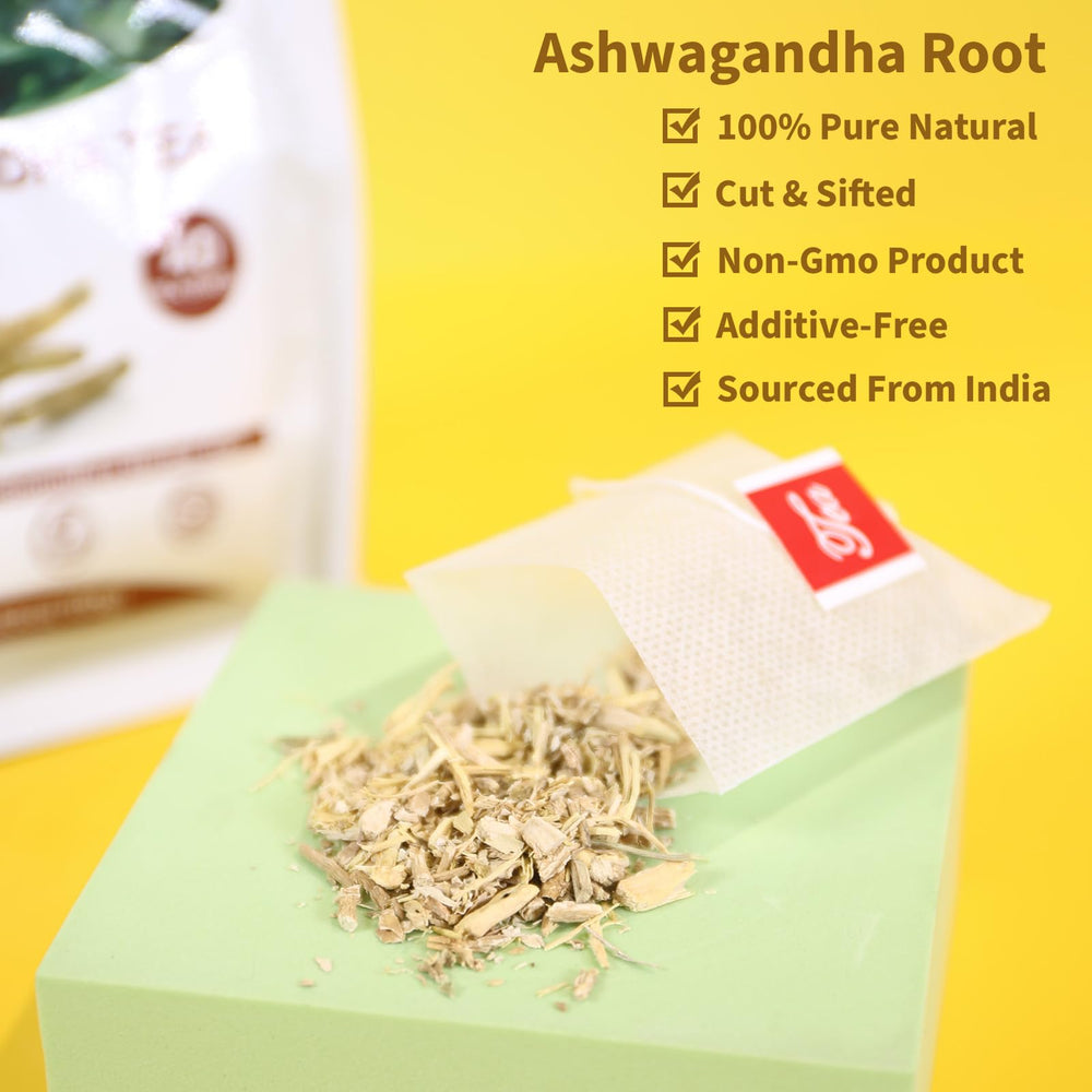 TEARELAE Ashwagandha tea steeping in hot water releasing earthy notes