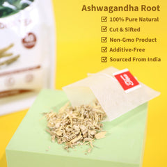 TEARELAE Ashwagandha tea steeping in hot water releasing earthy notes