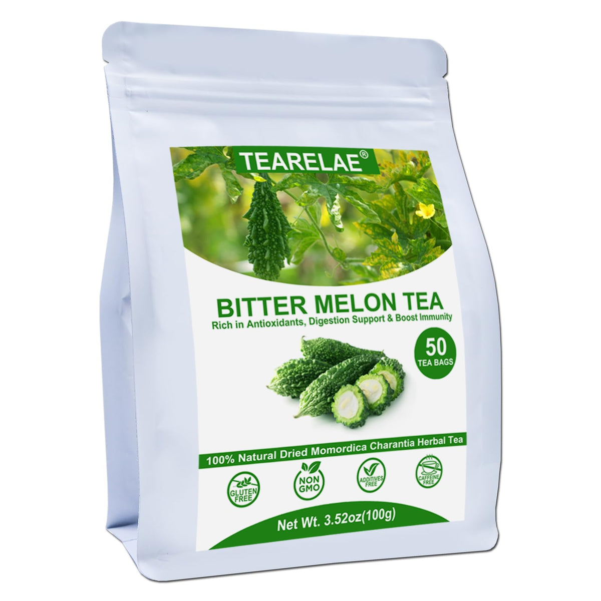 TEARELAE bitter melon tea bags show pure slices for a caffeine-free, refreshing brew.