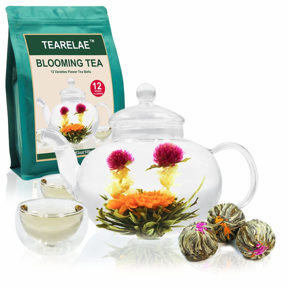 TEARELAE blooming tea ball unfurling in a glass teapot creates a dramatic, immersive brewing experience.