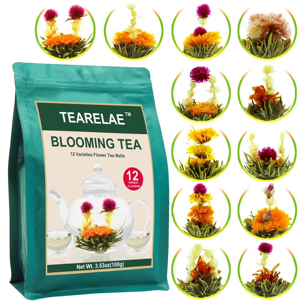 TEARELAE Blooming Tea Flowers pack, 12 greens, perfect for gifting and relaxing.