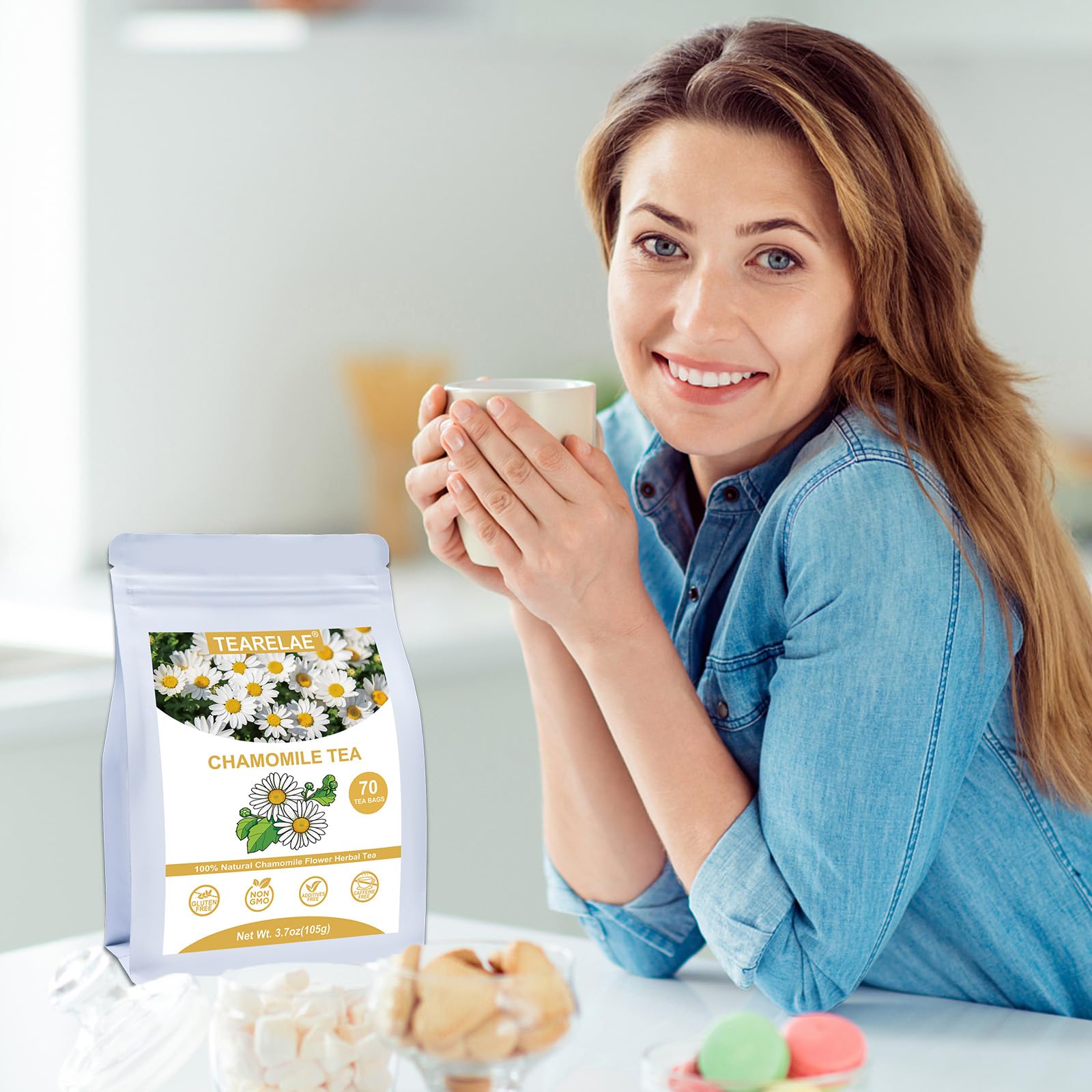 A comforting cup of TEARELAE chamomile tea for evening relaxation.