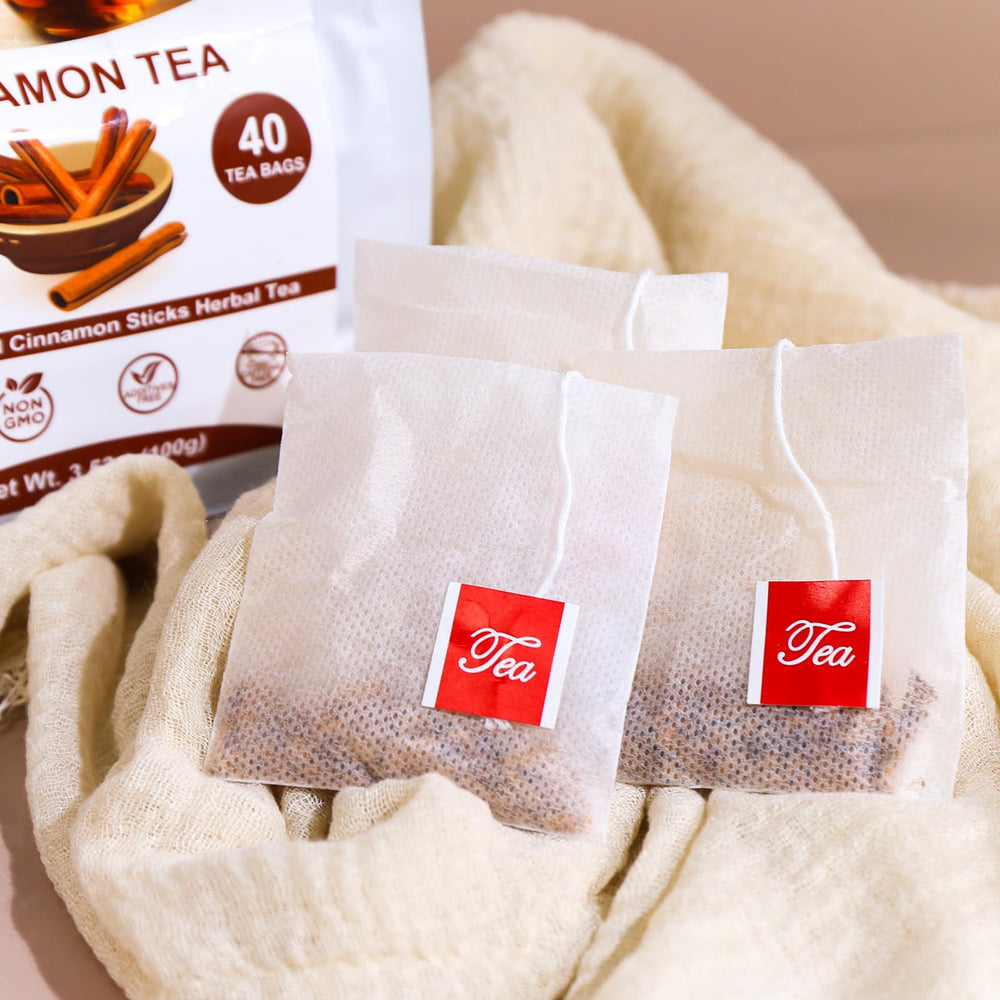 Cinnamon sticks with TEARELAE tea bags suggesting robust flavor potential.