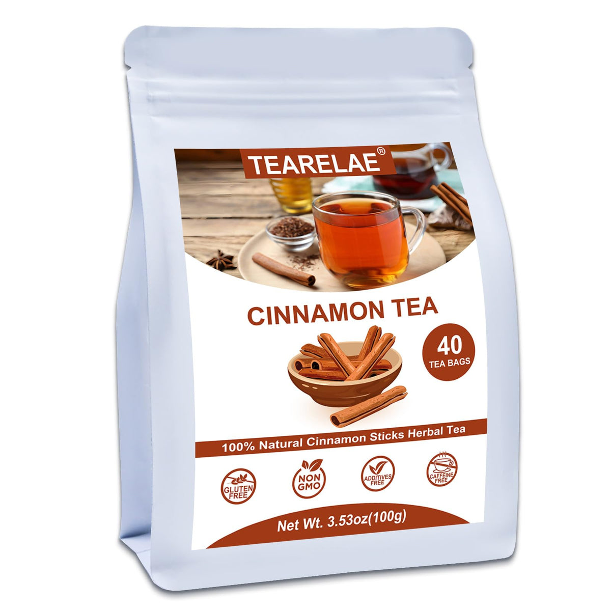 TEARELAE Cinnamon Tea bags packaging highlighting pure cinnamon and caffeine-free comfort.