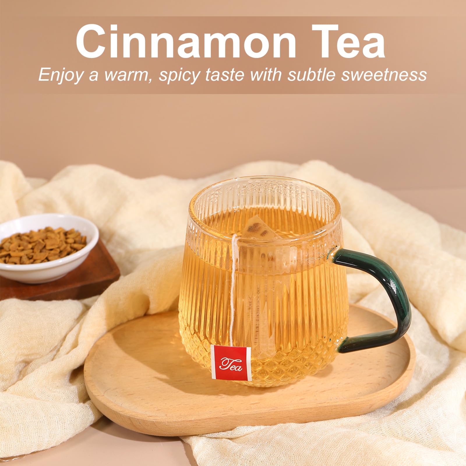 TEARELAE cinnamon tea brewed in a mug with steam for comforting ritual.