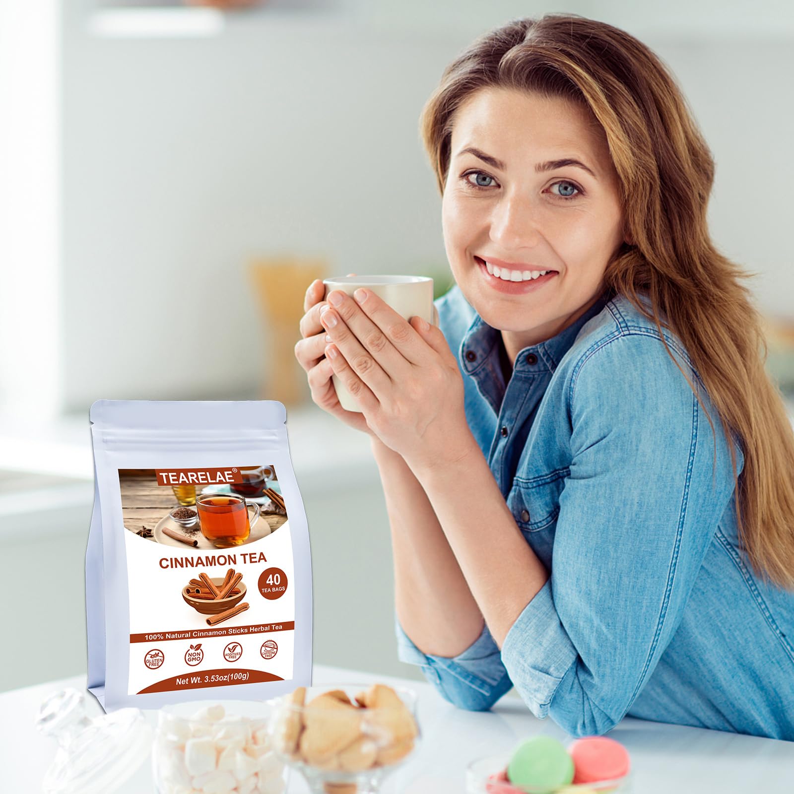 Open TEARELAE package revealing convenient single-serve tea bags.