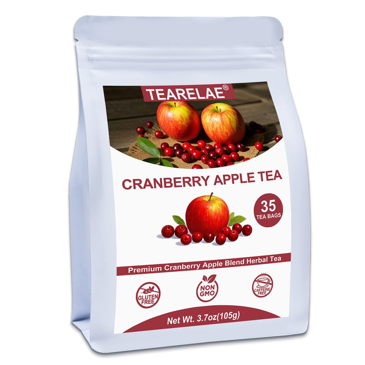 TEARELAE cranberry-apple tea bags packaging shown for convenient on-the-go refreshment.