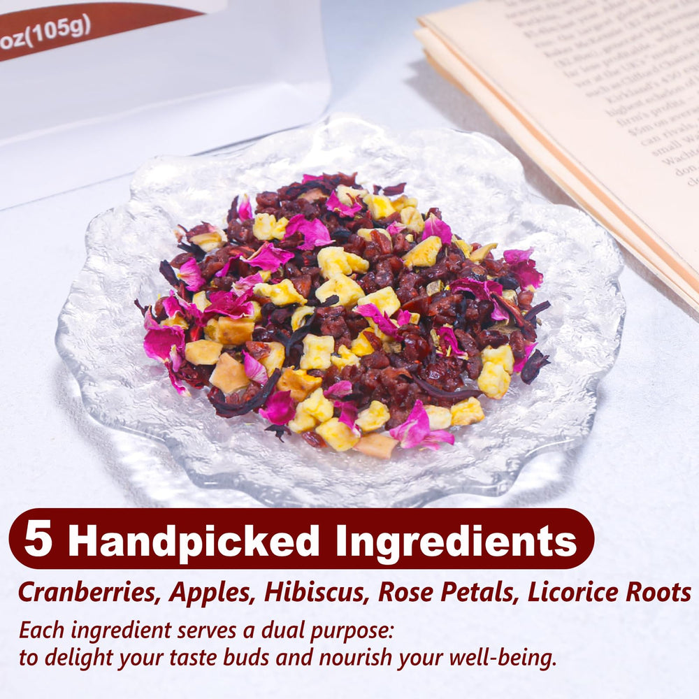 TEARELAE cranberry-apple tea brewed cup with fragrant aroma.