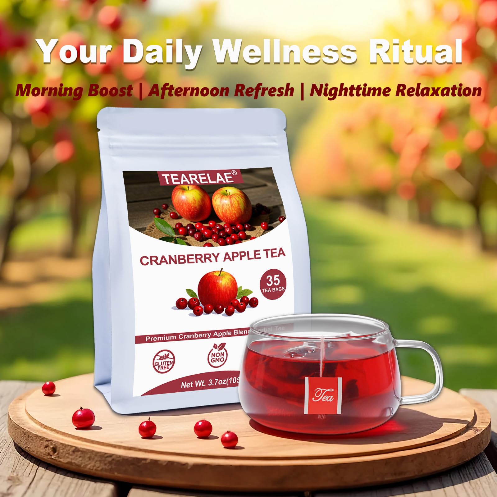 TEARELAE cranberry-apple tea on-the-go setup ready for travel or gym bag.