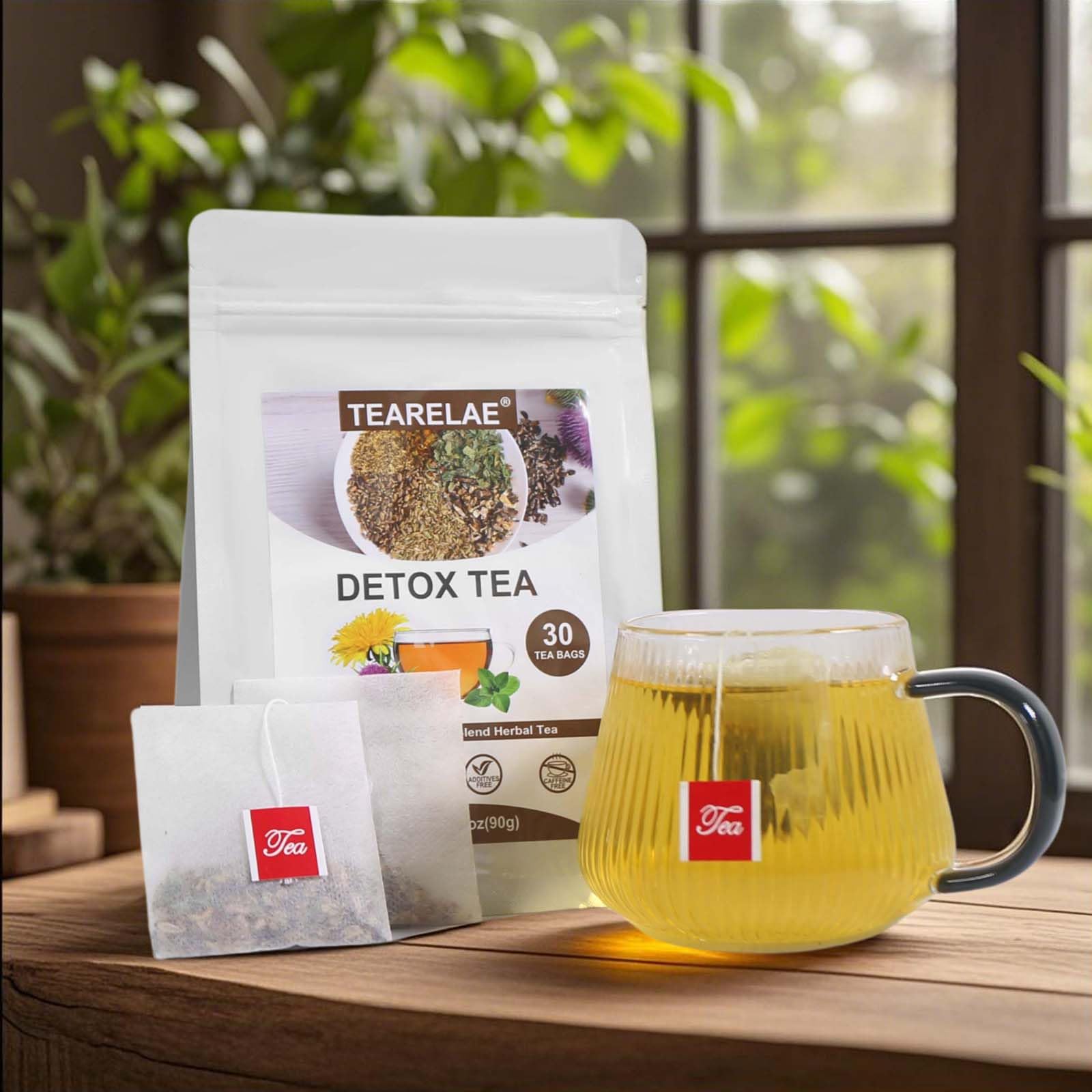 TEARELAE detox tea cup showing brewed, inviting aroma.