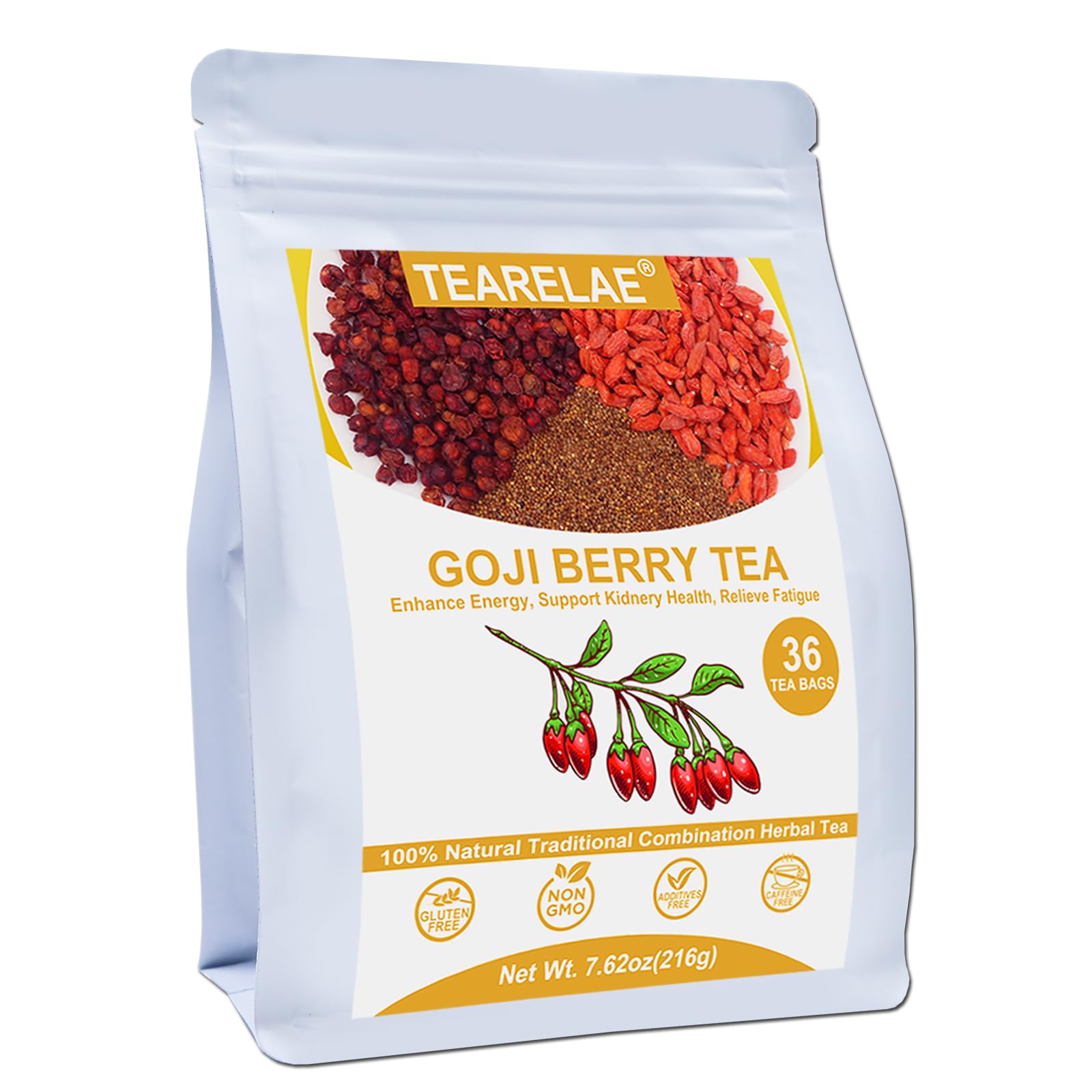 TEARELAE five flavors goji berry tea bags package showcases premium, caffeine-free herbal blend.