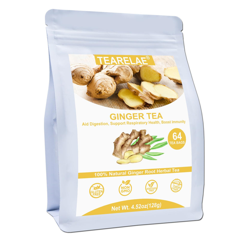TEARELAE ginger tea bags packshot highlights a 64-count box for caffeine-free warmth