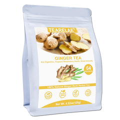 TEARELAE ginger tea bags packshot highlights a 64-count box for caffeine-free warmth